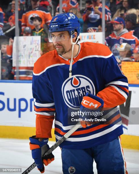 Cody Ceci of the Edmonton Oilers skates during warm up before the game against the Anaheim Ducks on April 1, 2023 at Rogers Place in Edmonton,...