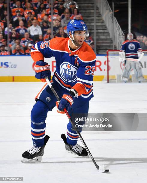 Darnell Nurse of the Edmonton Oilers skates during the game against the Anaheim Ducks on April 1, 2023 at Rogers Place in Edmonton, Alberta, Canada.