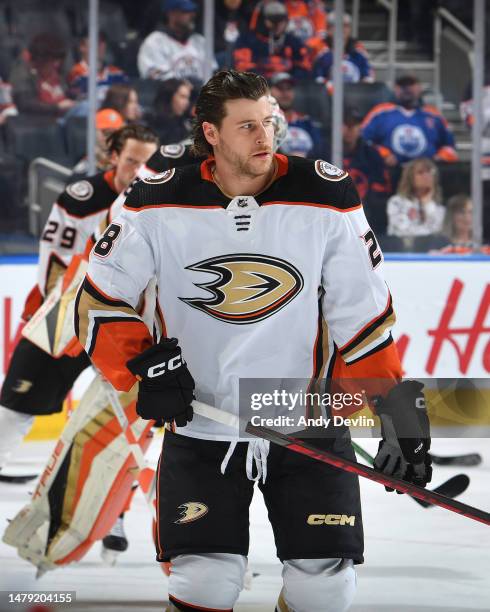 Nathan Beaulieu of the Anaheim Ducks skates during warm up before the game against the Edmonton Oilers on April 1, 2023 at Rogers Place in Edmonton,...