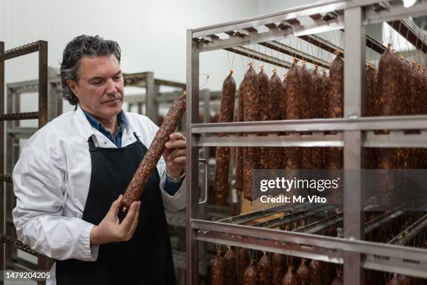 controller worker in a dry meat warehouse - cold storage stock pictures, royalty-free photos & images