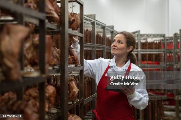 controller worker in a dry meat warehouse - koelkast stockfoto's en -beelden