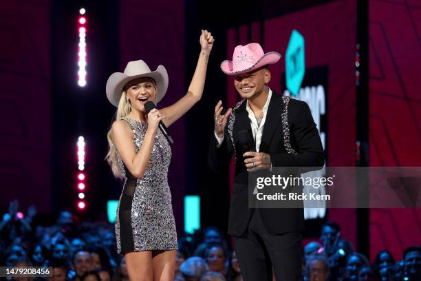 Kelsea Ballerini and Kane Brown speak onstage during the 2023 CMT Music Awards at Moody Center on April 02, 2023 in Austin, Texas.