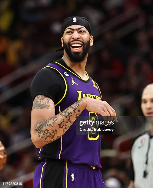 Anthony Davis of the Los Angeles Lakers reacts during the third quarter against the Houston Rockets at Toyota Center on April 02, 2023 in Houston,...