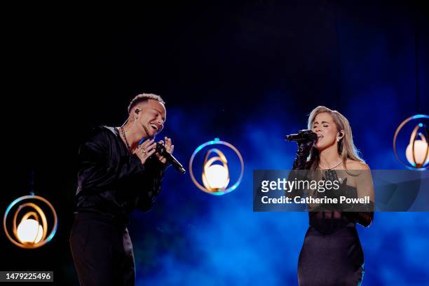 In this image released on April 02, Kane Brown and Katelyn Jae Brown perform onstage for the 2023 CMT Music Awards at Moody Center on March 29, 2023...