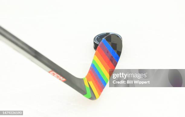 Buffalo Sabres players use Pride Night stick tape in warmups prior to an NHL game against the Montreal Canadiens on March 27, 2023 at KeyBank Center...