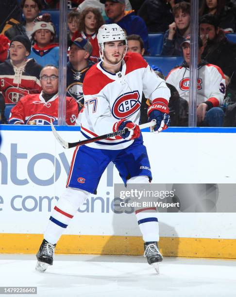 Kirby Dach of the Montreal Canadiens skates against the Buffalo Sabres during an NHL game on March 27, 2023 at KeyBank Center in Buffalo, New York.