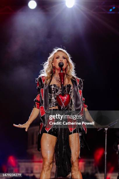 In this image released on April 02, Carrie Underwood performs onstage for the 2023 CMT Music Awards at Moody Center on March 29, 2023 in Austin,...