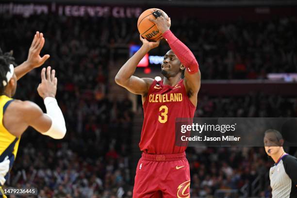 Caris LeVert of the Cleveland Cavaliers shoots during the third quarter against the Indiana Pacers at Rocket Mortgage Fieldhouse on April 02, 2023 in...