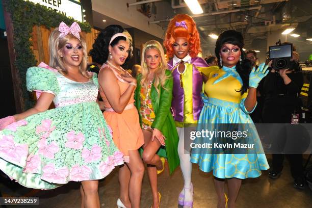 Jan Sport, Manila Luzon, Kelsea Ballerini, Olivia Lux and Kennedy Davenport pose backstage at the 2023 CMT Music Awards at Moody Center on April 02,...