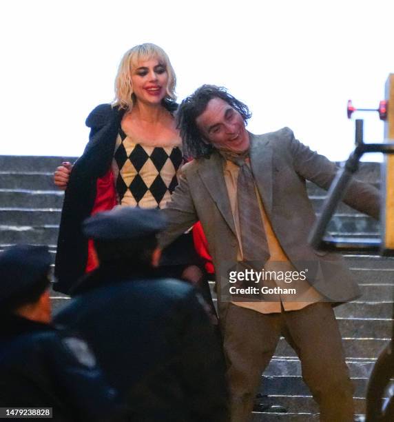 Lady Gaga and Joaquin Phoenix are seen filming on location for "Joker: Folie a Deux" on April 02, 2023 in New York City.