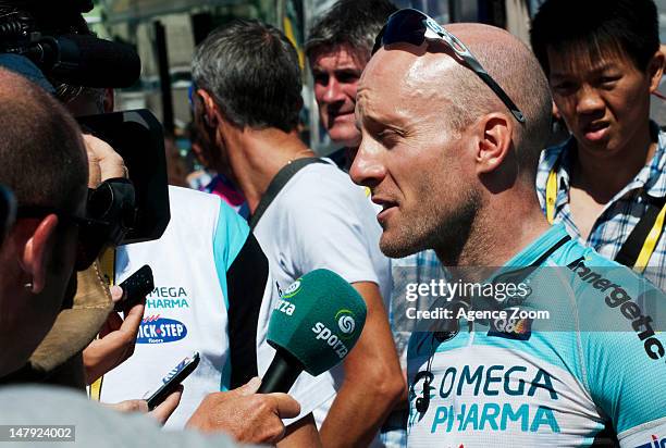 Levi Leipheimer of the USA riding for Omega Pharma-Quickstep speaks to members of the media during stage five of the Tour de France between Rouen and...