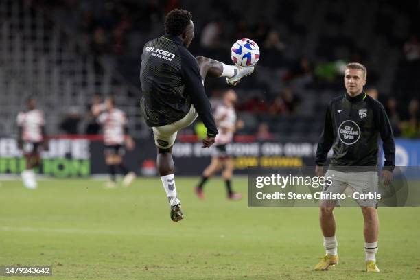Nestory Irankunda of Adelaide United warms up during the round 22 A-League Men's match between Western Sydney Wanderers and Adelaide United at...