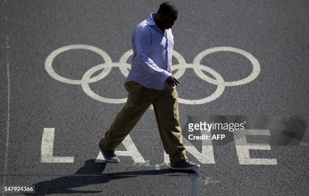 Olympic lane's are marked on a road in central London, on July 5 as London prepares to host the 2012 Olympic and Paralympic Games starting July 27,...