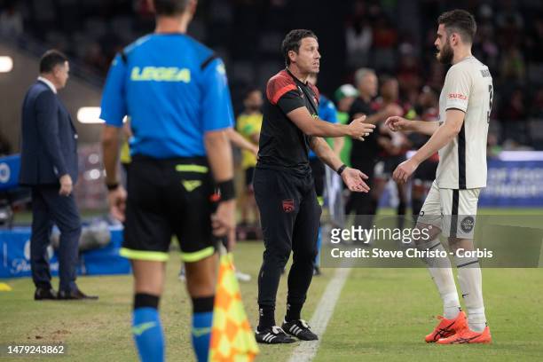 Assistant coach Mark Milligan of Adelaide United gives instructions to players during the round 22 A-League Men's match between Western Sydney...