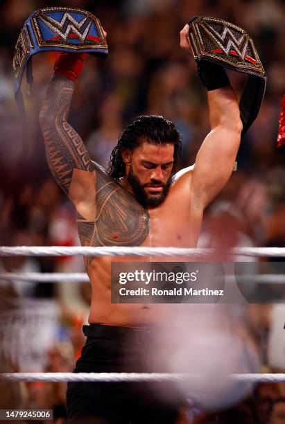 Roman Reigns after defeating Cody Rhodes for Undisputed WWE Universal Title Match during WrestleMania Goes Hollywood at SoFi Stadium on April 02,...