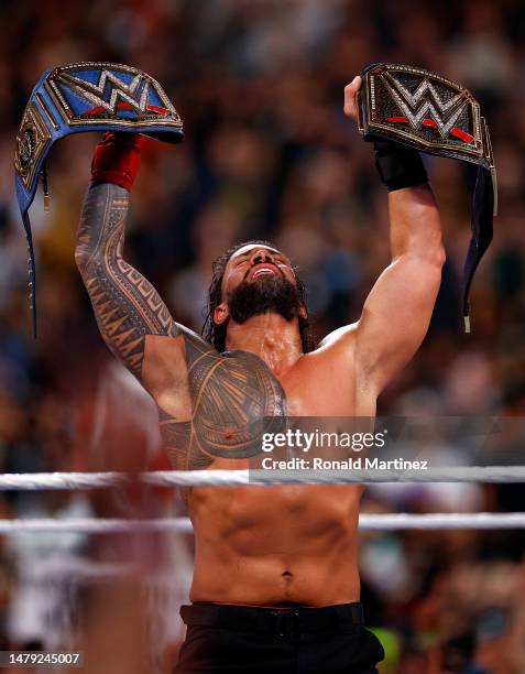 Roman Reigns after defeating Cody Rhodes for Undisputed WWE Universal Title Match during WrestleMania Goes Hollywood at SoFi Stadium on April 02,...