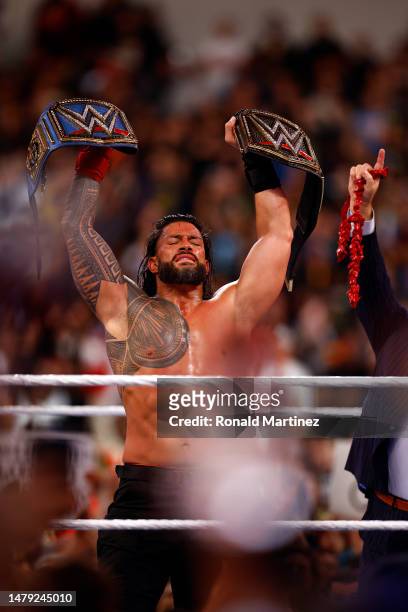 Roman Reigns after defeating Cody Rhodes for Undisputed WWE Universal Title Match during WrestleMania Goes Hollywood at SoFi Stadium on April 02,...