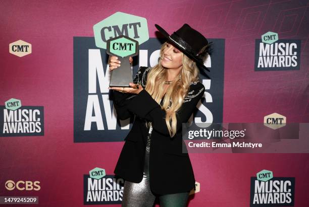 Lainey Wilson, winner of Female Video of the Year award for “Heart Like a Truck," poses in the Winner's Circle during the 2023 CMT Music Awards at...