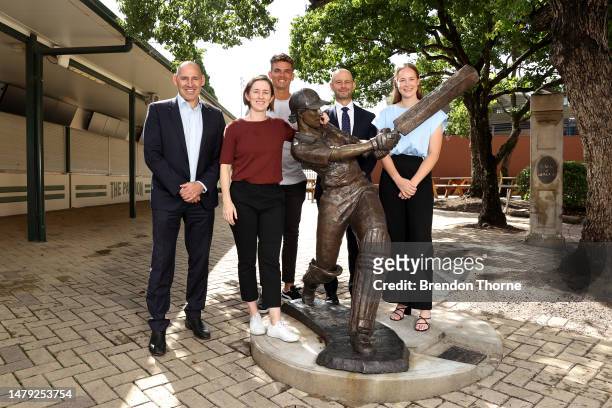 Cricket Australia CEO Nick Hockley, Rachael Haynes, Chris Green, Australian Cricketers' Association CEO Todd Greenberg and Lauren Cheatle pose next...