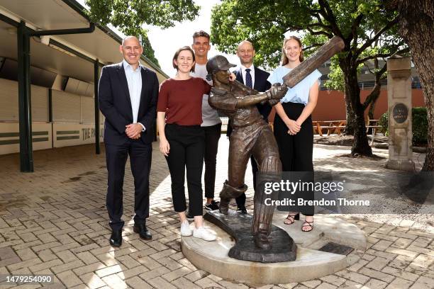 Cricket Australia CEO Nick Hockley, Rachael Haynes, Chris Green, Australian Cricketers' Association CEO Todd Greenberg and Lauren Cheatle pose next...