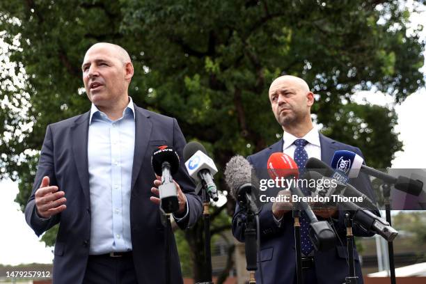 Australian Cricketers' Association CEO Todd Greenberg and Cricket Australia CEO Nick Hockley speak during a Cricket Australia media opportunity at...