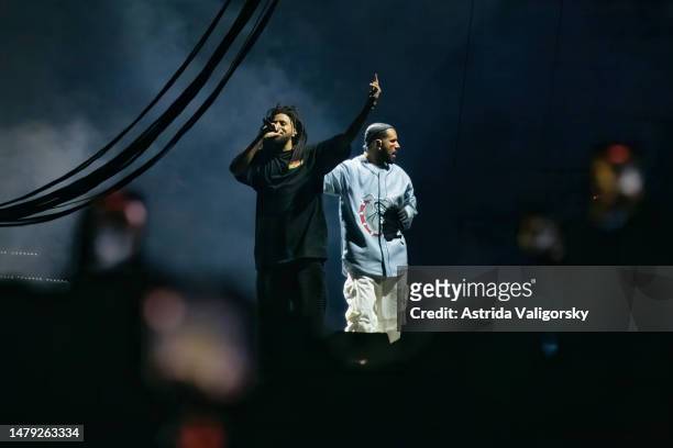 Cole and Drake perform during the Dreamville Festival at Dorothea Dix Park on April 02, 2023 in Raleigh, North Carolina.