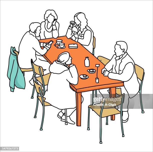 arial view coffeeshop conversations sketch color - women meeting lunch stock illustrations