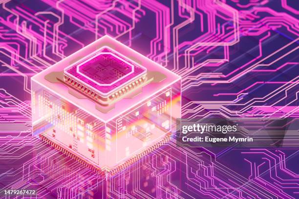 futuristic microchip and digital data flowing. - blockchain isometric stock pictures, royalty-free photos & images