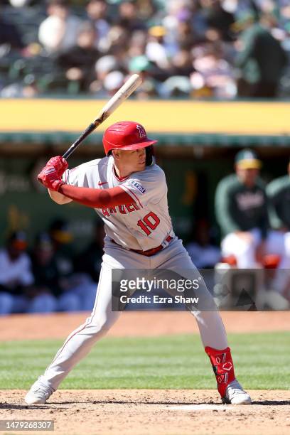 Gio Urshela of the Los Angeles Angels bats against the Oakland Athletics at RingCentral Coliseum on April 01, 2023 in Oakland, California.