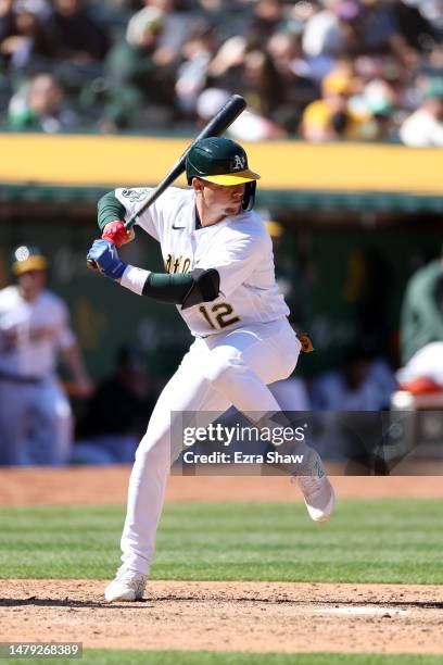 Aledmys Diaz of the Oakland Athletics bats against the Los Angeles Angels at RingCentral Coliseum on April 01, 2023 in Oakland, California.