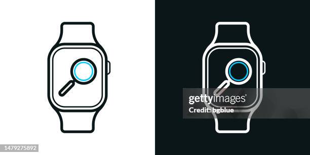 magnifying glass on smartwatch. bicolor line icon on black or white background - editable stroke - checking smart watch stock illustrations
