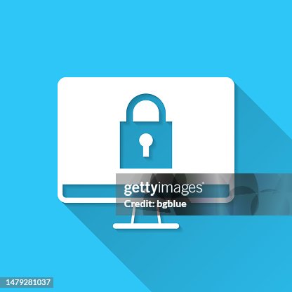 Desktop computer with padlock. Icon on blue background - Flat Design with Long Shadow Desktop computer with padlock. Icon on blue background - Flat Design with Long Shadow