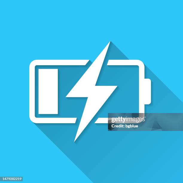 battery charging. icon on blue background - flat design with long shadow - wireless charging stock illustrations