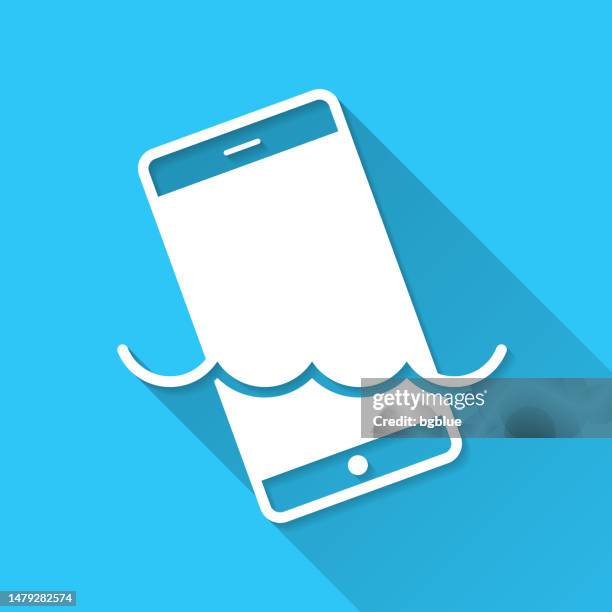 smartphone in water. icon on blue background - flat design with long shadow - waterproof stock illustrations