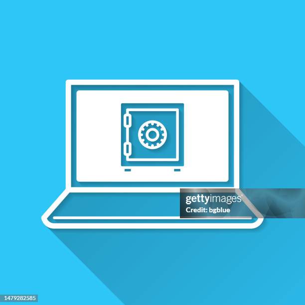 laptop with safe box. icon on blue background - flat design with long shadow - paper notebook closed stock illustrations