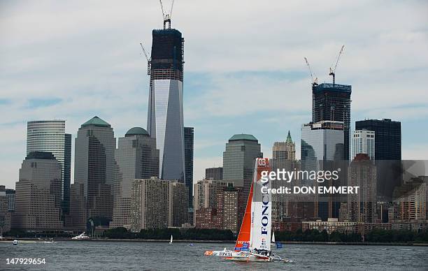 Foncia, from France, sails in the KRYS Ocean Race near lower Manhattan on July 5, 2012 in New York. Foncia is one of five sailboats participating in...