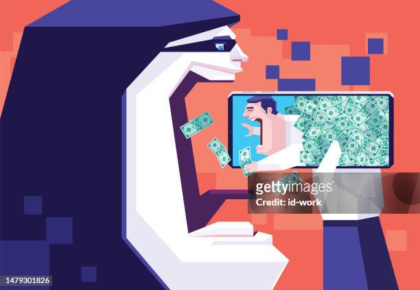 scammer holding businessman stuck in banknotes on smartphone - defeat funny stock illustrations