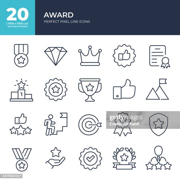 festlegen von award-symbolen. bearbeitbarer strich, perfekte pixel-thin-line-icons-sammlung. vektor-illustration. verwendbar für website, marketingmaterialien, design, logo, app, vorlage, benutzeroberfläche, schnittstellen, layouts usw. - siegerpodest stock-grafiken, -clipart, -cartoons und -symbole