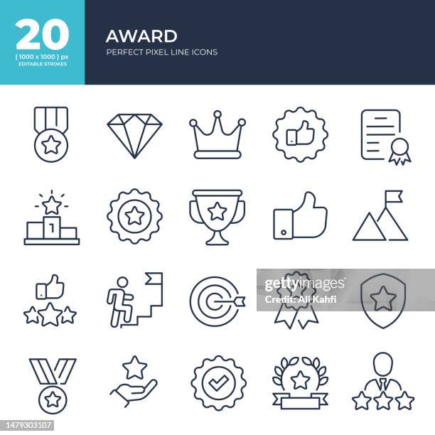 ilustrações de stock, clip art, desenhos animados e ícones de award icons set. editable stroke, perfect pixel thin line icons collection. vector illustration. useable for website, marketing materials, design, logo, app, template, ui, interfaces, layouts etc. - acabar