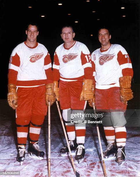 Gordie Howe, Sid Abel and Ted Lindsay of the Detroit Red Wings pose for a portrait on January 15, 1964 in Detroit, Michigan. The threesome were known...