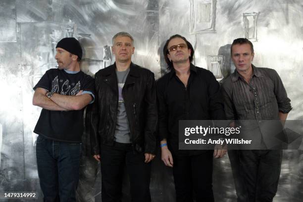 Irish rock band U2 performing in their studio in Dublin in 2004