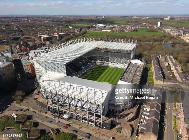 An aerial view of the stadium before the Premier League match between Newcastle United and Manchester United at St. James Park on April 02, 2023 in...