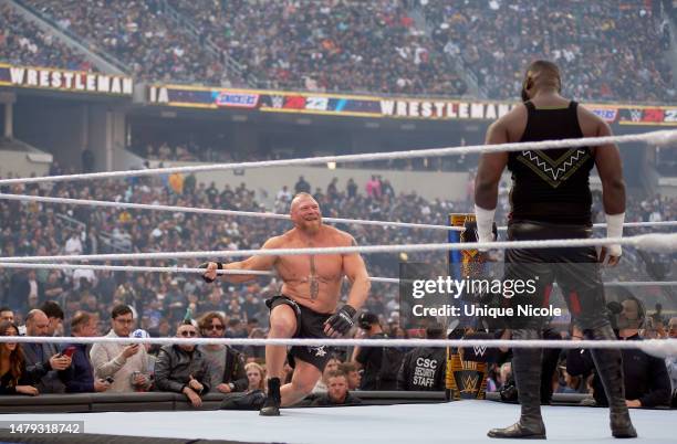 Brock Lesnar wrestles Omos during WrestleMania 39 at SoFi Stadium on April 02, 2023 in Inglewood, California.