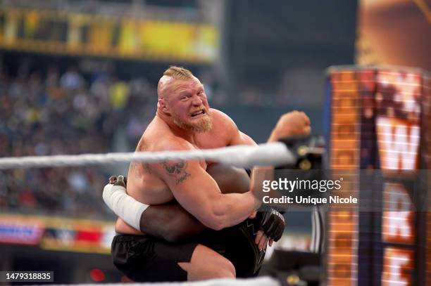 Brock Lesnar wrestles Omos during WrestleMania 39 at SoFi Stadium on April 02, 2023 in Inglewood, California.