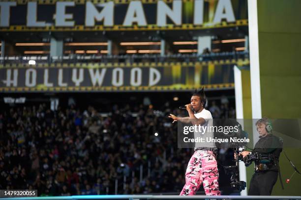 Lil Uzi Vert performs during WrestleMania 39 at SoFi Stadium on April 01, 2023 in Inglewood, California.