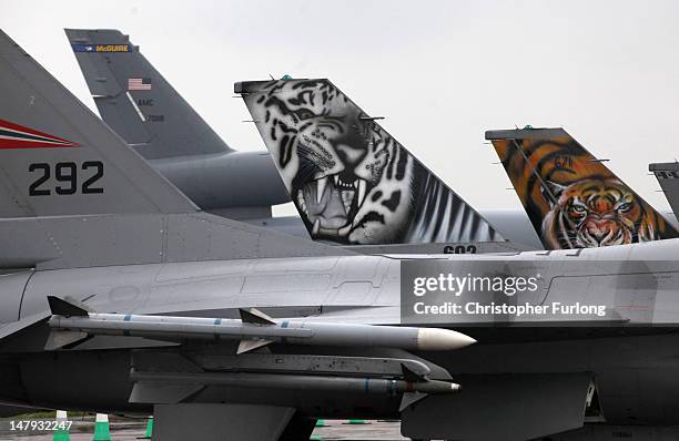 Painted tigers adorn the tail planes of F-16 fighter jets during the Royal International Air Tattoo on July 6, 2012 in Fairford, England. The Royal...