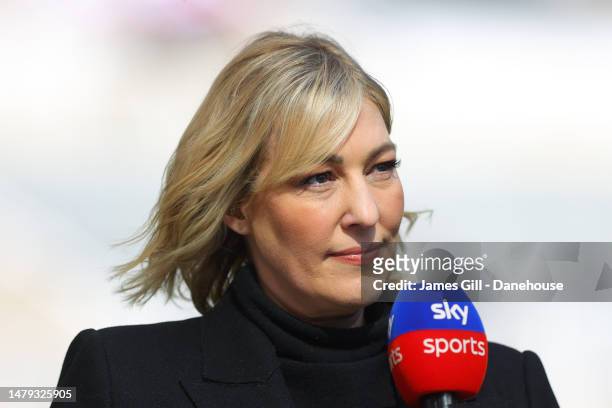 Presenter Kelly Cates prior to the Premier League match between Newcastle United and Manchester United at St. James Park on April 02, 2023 in...