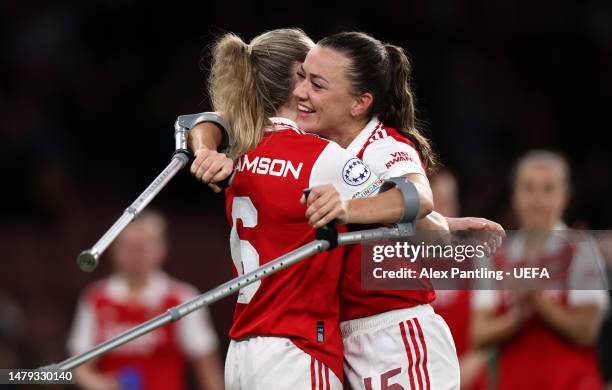 Leah Williamson and Katie McCabe of Arsenal celebrate after their side's victory in the UEFA Women's Champions League quarter-final 2nd leg match...