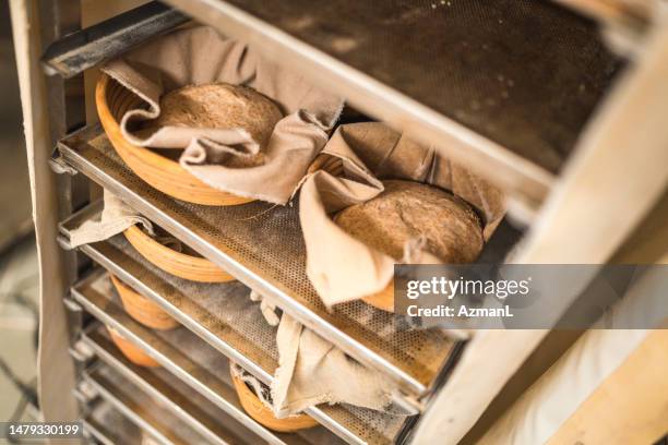 dough proofing in wicker bowls placed on a rack in a bakery - jäst bildbanksfoton och bilder