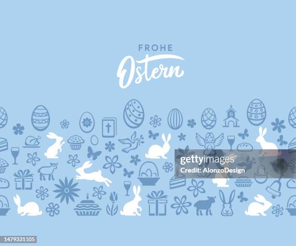 easter seamless green pattern. icons with easter eggs, flowers, bunnies and butterfly. frohe ostern. - easter bunny cartoon stock illustrations